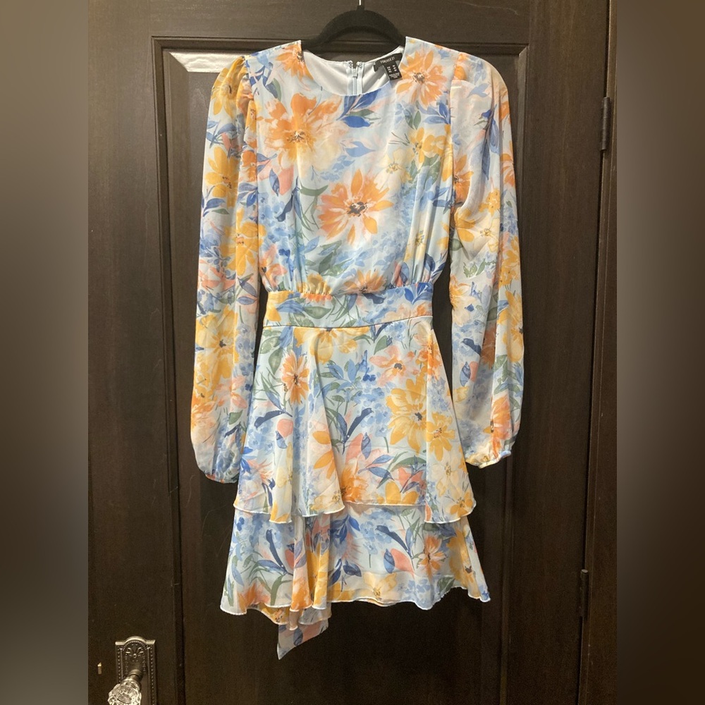 Forever 21 Pastel Floral Long-Sleeve Tiered Dress in Blue and Yellow
